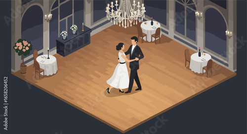 Isometric couple dancing at a reception with tables & party guests visible