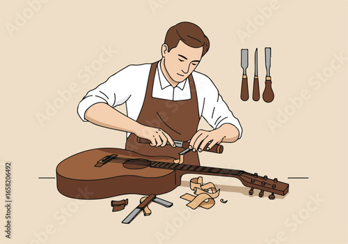 Luthier repairs acoustic guitar in workshop, with tools visible for craft site use
