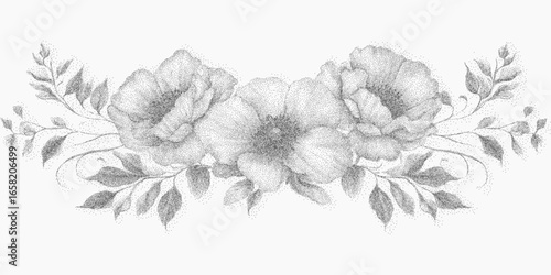 Elegant flowers. Distressed figure with stipple texture, visible grit and scratched surface. Threshold lines frame the shape.