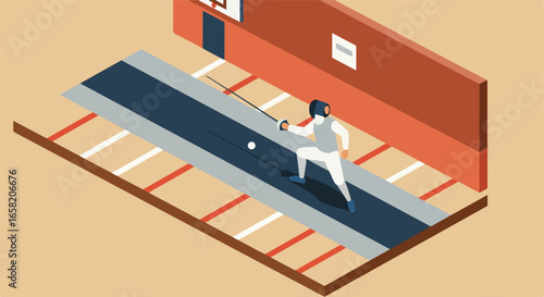 Isometric fencer attacking in a sports hall for health, fitness, and competition use