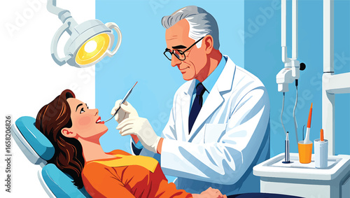 Experienced senior dentist giving a dental checkup to a female patient in a clinic. Healthcare and stomatology concept vector illustration.