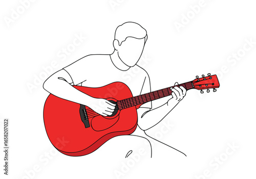 Man Playing Red Guitar, Music at Home, on White Background. Use illustration