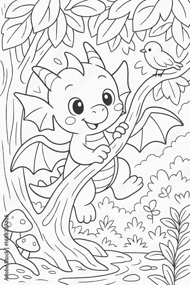 Fototapeta premium Majestic Dragon Line Art – Fantasy Mythical Creature Illustration