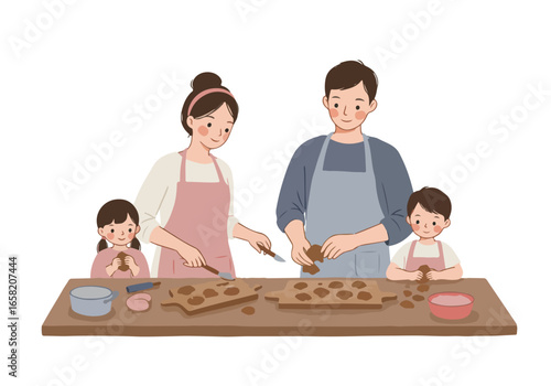 Family Makes Cookies Together in Kitchen With Raw Dough Shapes On Wooden Board