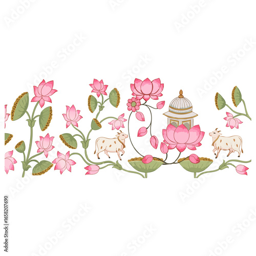 Pichwai Border with lotus plants creeping, cows, doms on a white transparent background