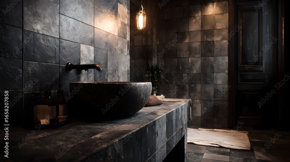 Dramatic industrial style bathroom with black tiles and moody lighting Dramatic industrial style bathroom with black tiles and moody lighting