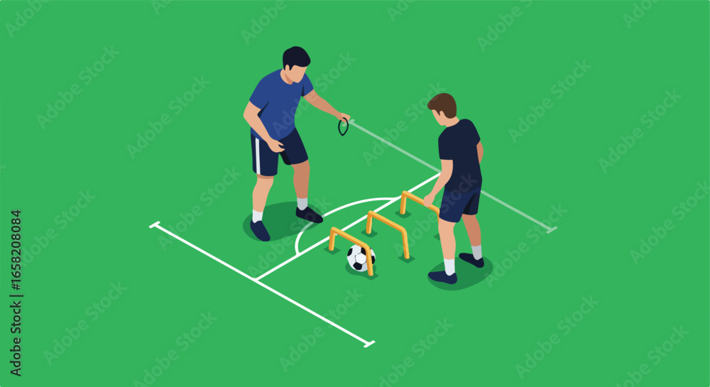Fototapeta premium Trainer guiding soccer player drill with hurdles & ball on field, isometric view