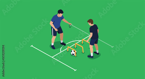 Trainer guiding soccer player drill with hurdles & ball on field, isometric view
