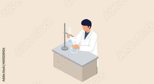 Researcher mixing solutions in flasks at a laboratory bench, on plain background