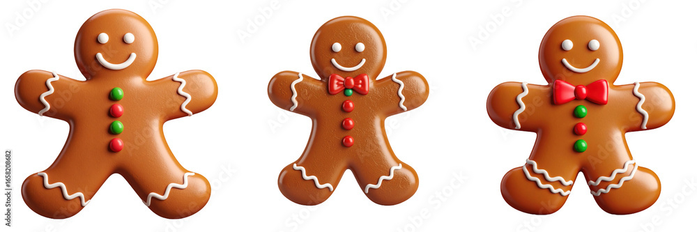 Fototapeta premium 3D Plastic Style Gingerbread Men Characters with Red Bows Green Buttons and White Icing Decorations on Transparent Background