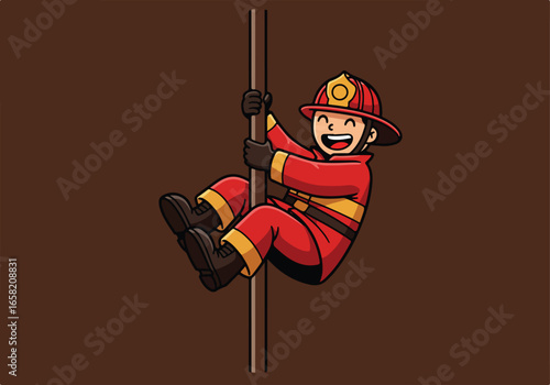 Cartoon firefighter slides down pole against plain background for safety messages