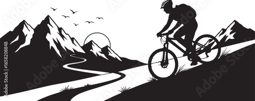 Black and white silhouette of a mountain biker, vector illustration