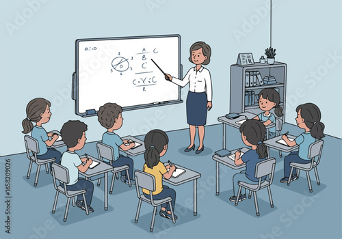 Teacher instructs math to students writing at desks in class; bookcase behind