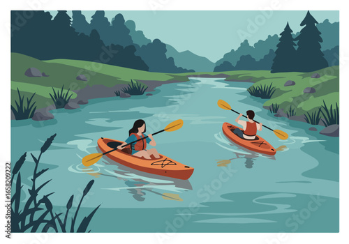 People kayaking downriver with a dark forest background, recreation, relaxation