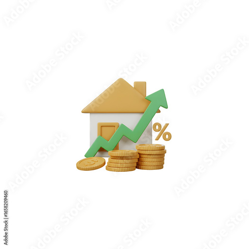 House Icon with Coins, Green Up Arrow & Percent Sign PNG – 3D Render Illustration Isolated on Transparent Background PNG for Real Estate & Finance