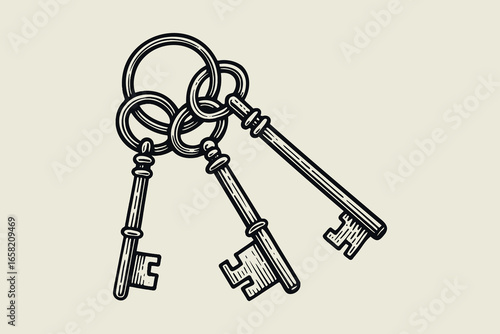 Vintage keys on ring engraving style black on white vector illustration