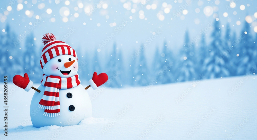 Fototapeta premium A cheerful and adorable cartoon snowman wearing a red hat and scarf stands in a beautiful snowy winter forest a perfect magical scene for a Christmas greeting