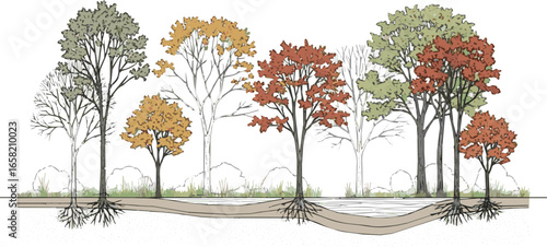 Create a Architectural Drawings, Minimal style cad tree autumn line drawing, Side view, set of section wetland forest outline for landscape design drawing separate element vector art .