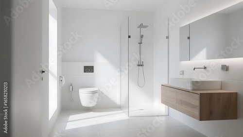 Modern Minimalist Bathroom with Wooden Vanity and Glass Shower Enclosure