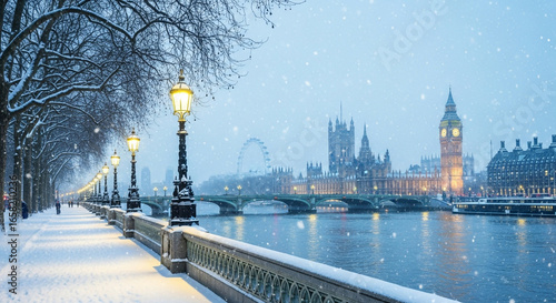 A beautiful and magical winter scene in London as fresh snow falls along the River Thames with the iconic Big Ben a perfect peaceful holiday cityscape view