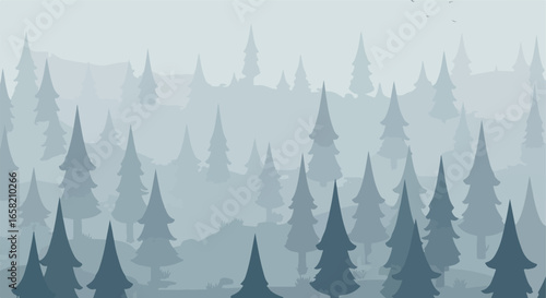 Evergreen Tree Forest Illustration; Birds fly in hazy background. Wallpaper use