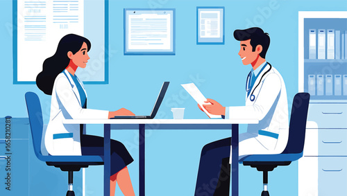 Medical team of a man and woman doctor in consultation at a clinic desk. Professional healthcare and medicine concept vector illustration.