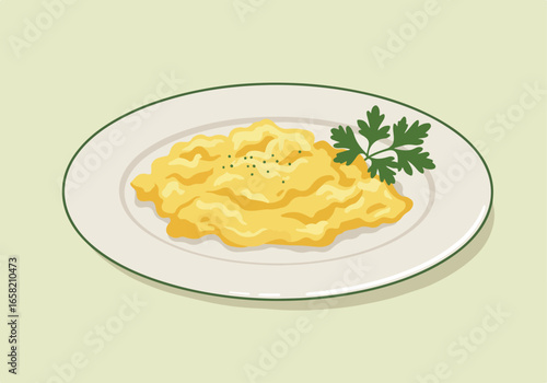 Scrambled eggs served with parsley garnish on a plate, on a light background