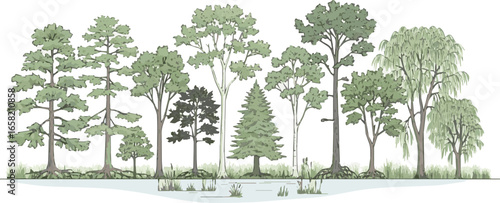 Create a Architectural Drawings, Minimal style cad tree line drawing, Side view, set of section wetland forest outline for landscape design drawing. Vector illustration in seperate element vector art 