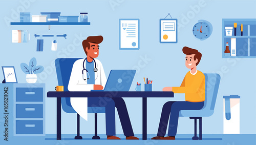 Vector illustration of a professional male doctor consulting with a patient in a modern clinic office. Healthcare discussion and medical support in a blue color scheme.