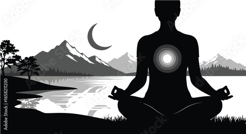 Serene Yoga Silhouette by Lake, Mountains, Moon, Vector Illustration