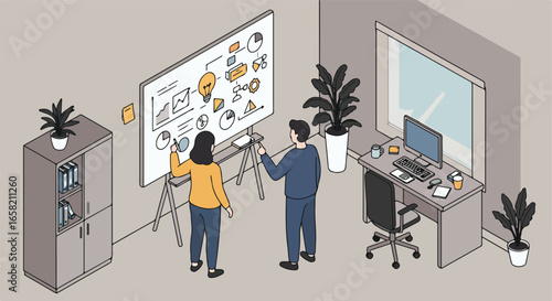 Team brainstorms ideas on whiteboard in office; workspace desk with computer behind