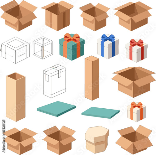 Create a kinds of deferent box vector art with white background.