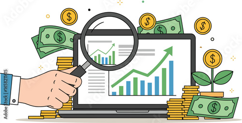 Analyzing financial growth with a magnifying glass, profits increase steadily with investments online