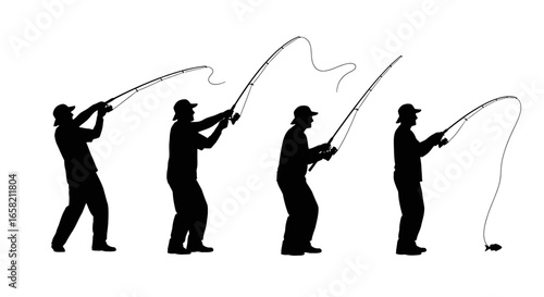 Silhouette sequence of a fisherman casting a fishing rod, showing the motion of the cast.
