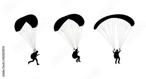 Three silhouettes depict a person's progression of parachuting, starting from a run.