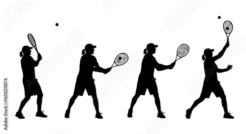 Silhouette sequence of a tennis player serving a ball, showing different stages of the serve motion.