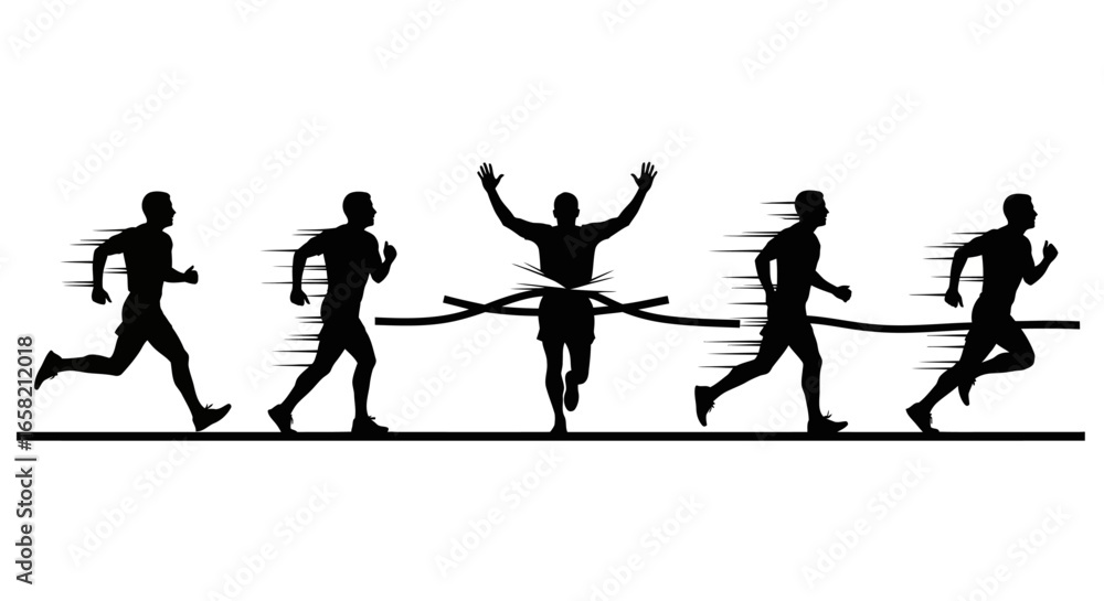 Obraz premium A runner triumphantly crosses the finish line, preceded and followed by fellow competitors in a dynamic race sequence.