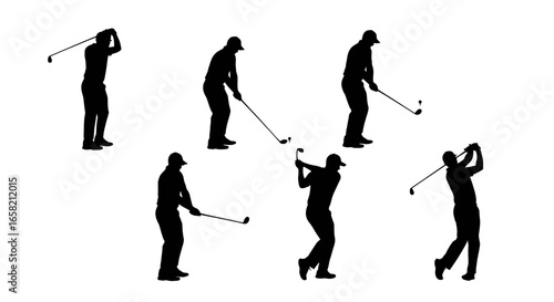 Silhouette illustrations of golfers in various golf swing positions.