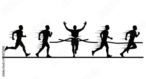 A runner triumphantly crosses the finish line, preceded and followed by fellow competitors in a dynamic race sequence.