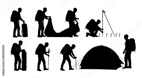 Silhouetted figures demonstrating the process of setting up a tent and preparing for camping activities.