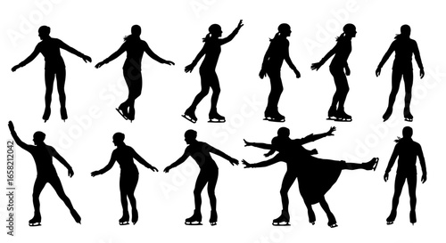 Silhouettes of ice skaters in various poses and movements, showcasing different skating positions and actions.