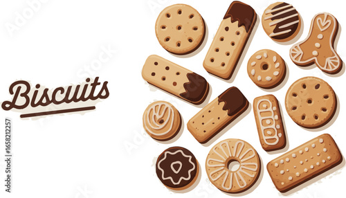 Create a kinds of deferent Biscuit food vector art with white background.