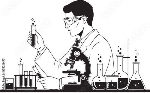 Black and white illustration of scientist working in laboratory