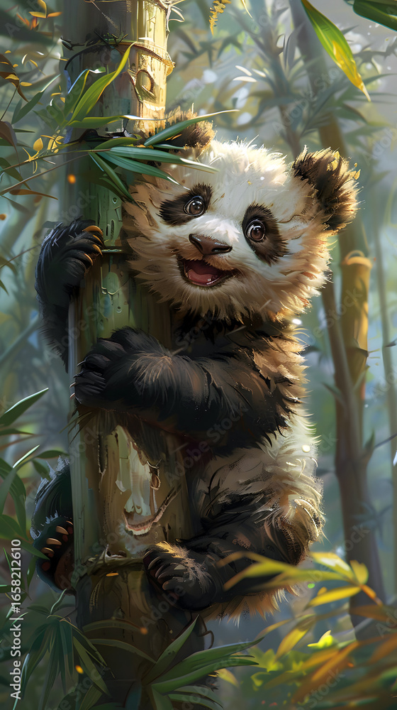 Obraz premium panda cub climbing bamboo tree with joyful expression in jungle