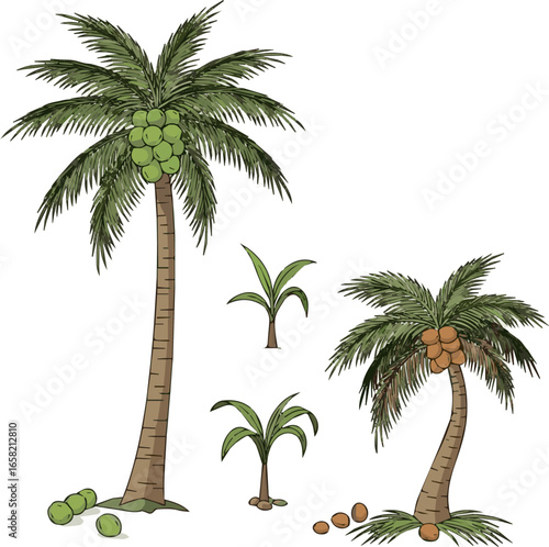 
Create a kinds of deferent coconut tree vector art with white background.