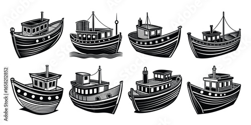 Vintage Wooden Boat Isolated on White Background – Classic Antique Vessel, Retro Nautical Decor, Old Fishing Boat for Design, Marine Transportation Concept	