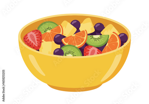 Colorful fruit salad in a yellow bowl on a blank white background. Healthy dessert
