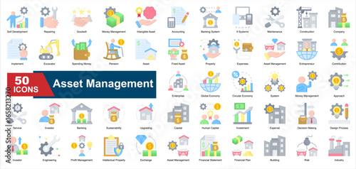 A collection of  Asset Management icons. Includes investment, risk, enterprise, engineering, maintenance, accounting, and more. Perfect for presentations, reports, and business visuals.