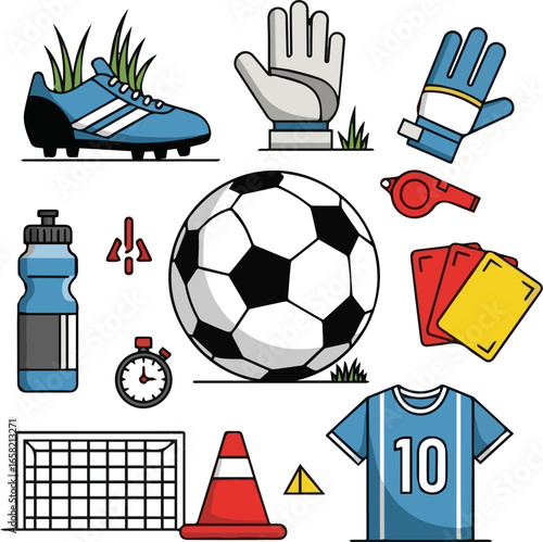 Create a kinds of deferent football item vector art with white background.