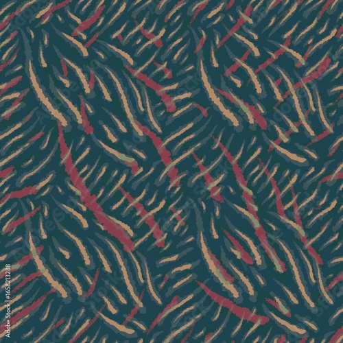 A seamless pattern with abstract wavy stripes in black, white and gold creating a dynamic animal-inspired design with a modern twist.